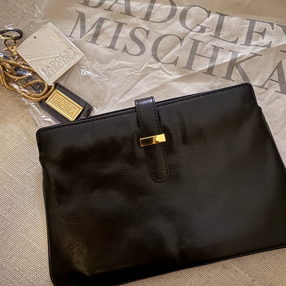 Badgley Mischka Black Leather Handbag with Gold Detail